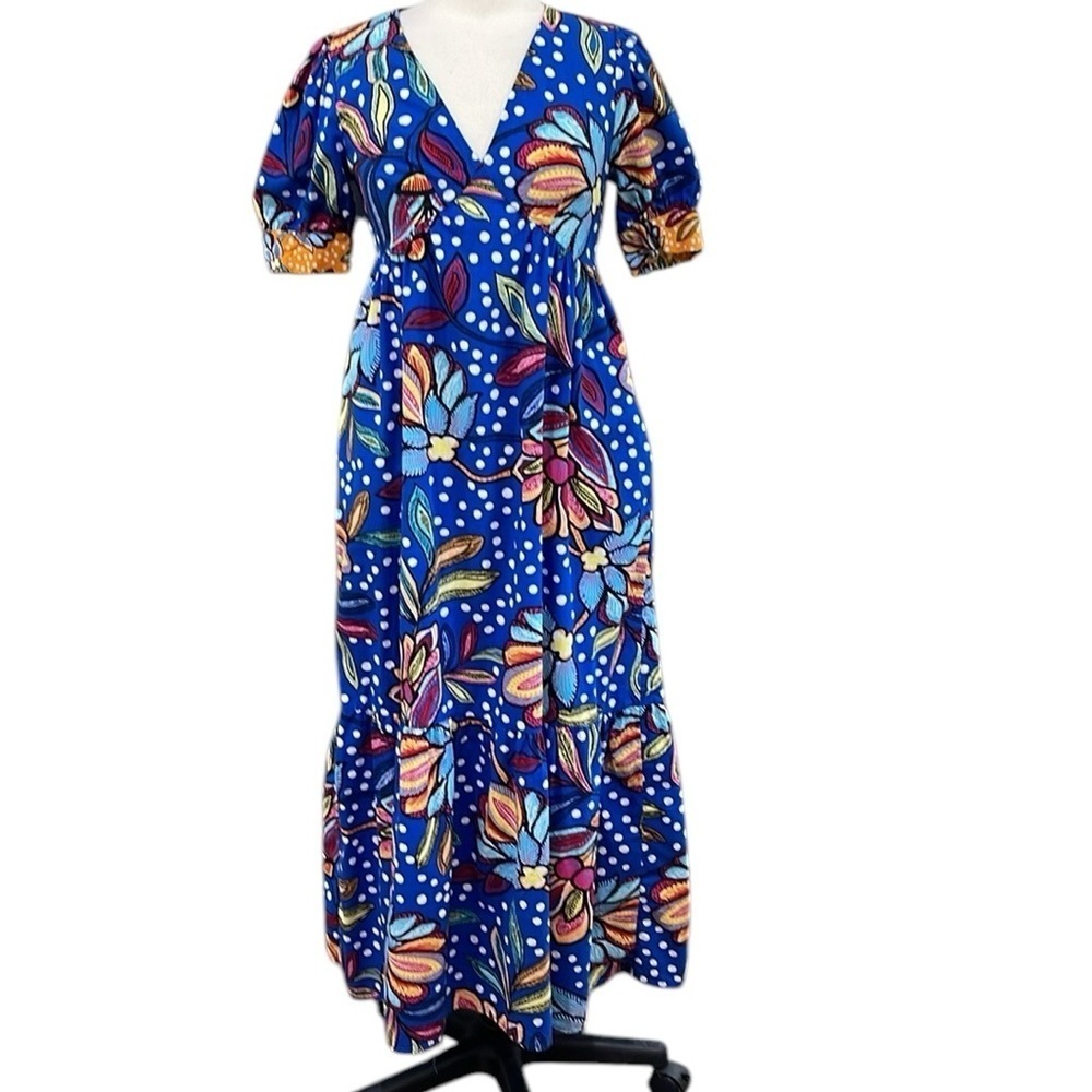 Tabitha Brown Vibrant Tropical  Floral V Neck Puff Sleeve Midi Dress SZ 4 Blue - Picture 3 of 7